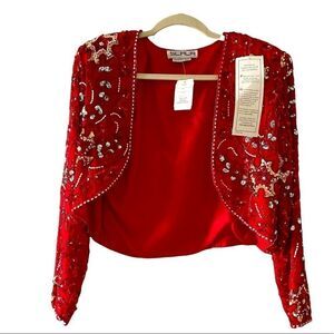 NWT
80’s Vintage Scala 100% Silk Red Heavy Beaded Sequin Bolero Crop Jacket PM